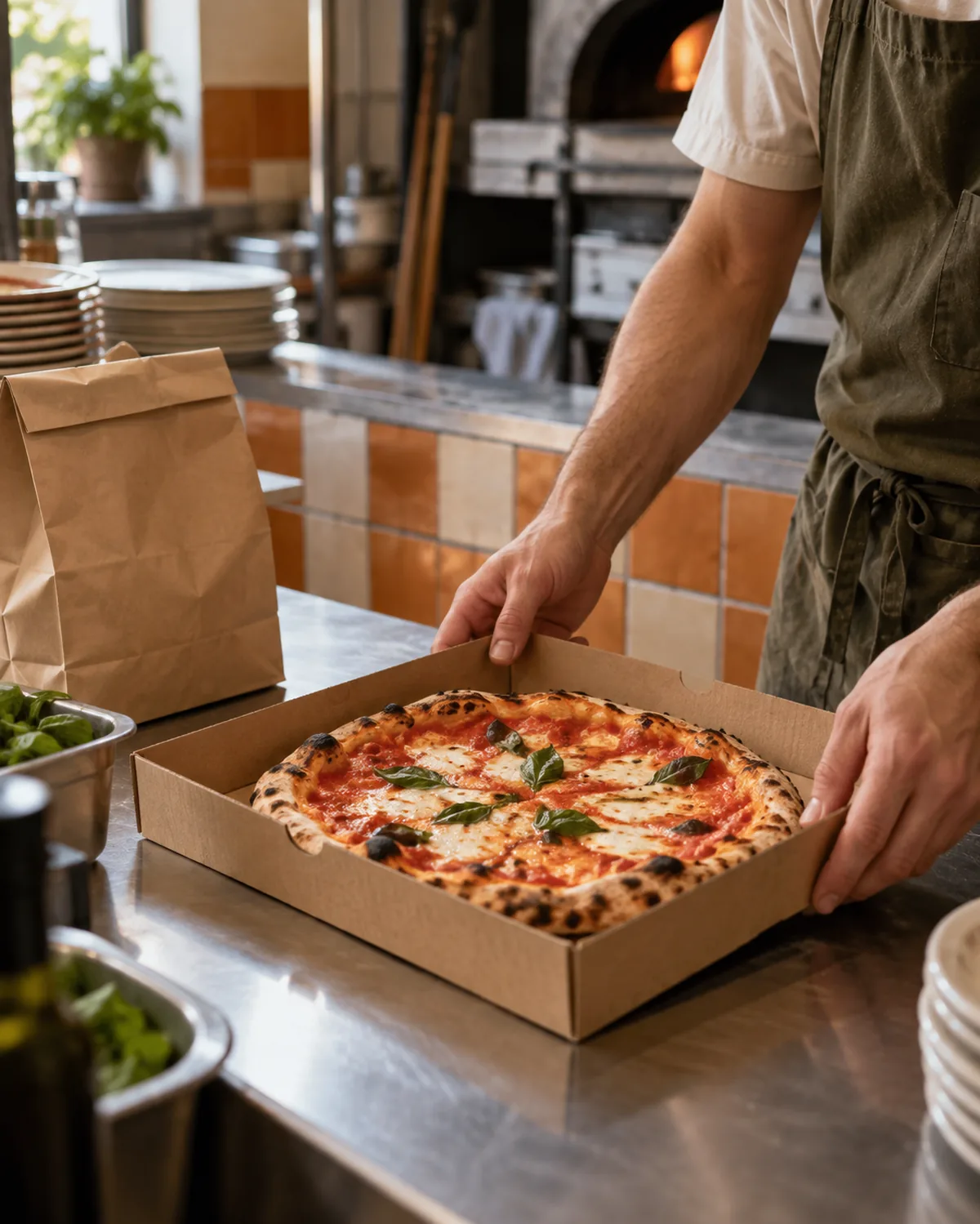 Restaurant operator preparing a pizza for pickup at the kitchen counter.